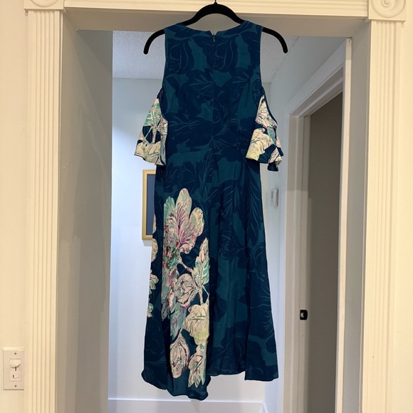 Maeve Anthropologie Floral Cold Shoulder Teal Midi Length Dress Sz 4 Modest - Picture 10 of 14